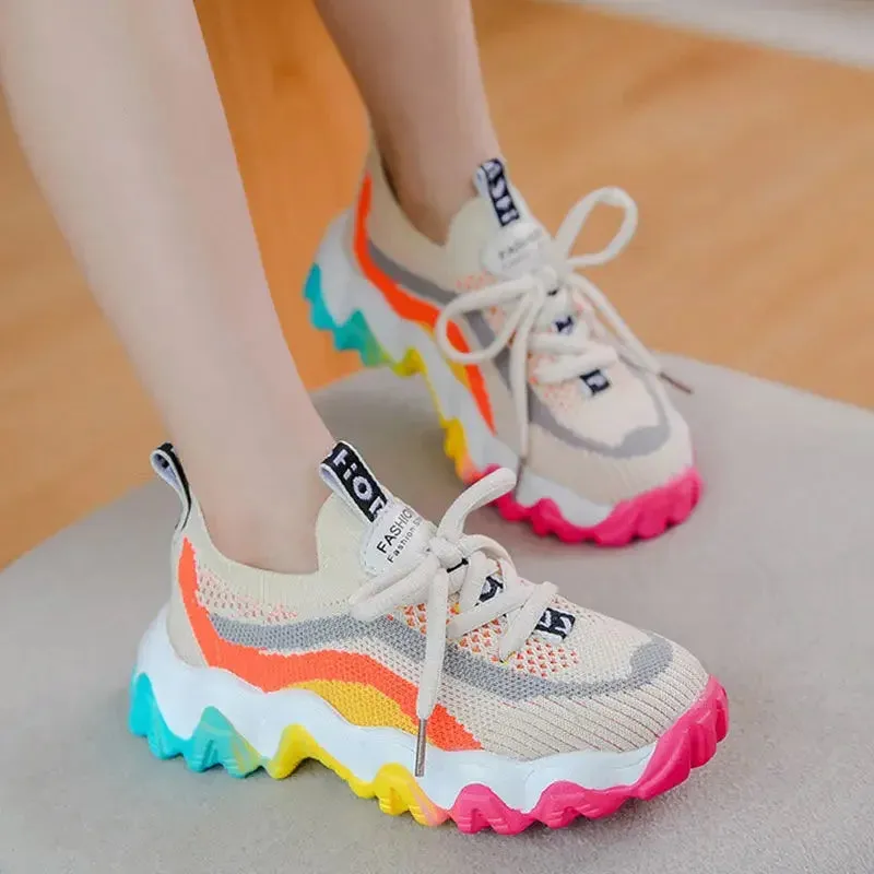 Girl's Casual Sports Shoes Weaving Air Mesh Outdoor Light Running Sneakers Fashion Rainbow Sole Retro