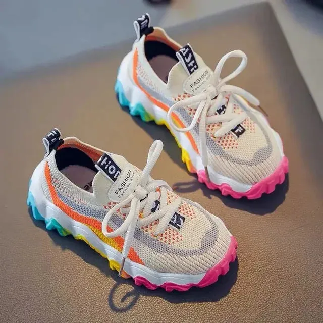 Girl's Casual Sports Shoes Weaving Air Mesh Outdoor Light Running Sneakers Fashion Rainbow Sole Retro