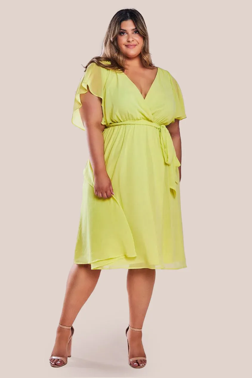 Goddiva Plus Flutter Sleeve Wrap Midi Dress - Soft Lemon