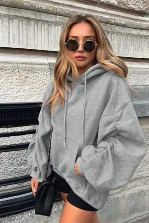 GREY MARL RUCHED SLEEVE OVERSIZED HOODIE