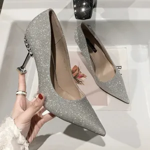 Heels Women Stilettos Elegant Sexy Nude Dress Shoes Bridal Stripper Party Gold Silver Luxury Pearl Pointed Toe Social