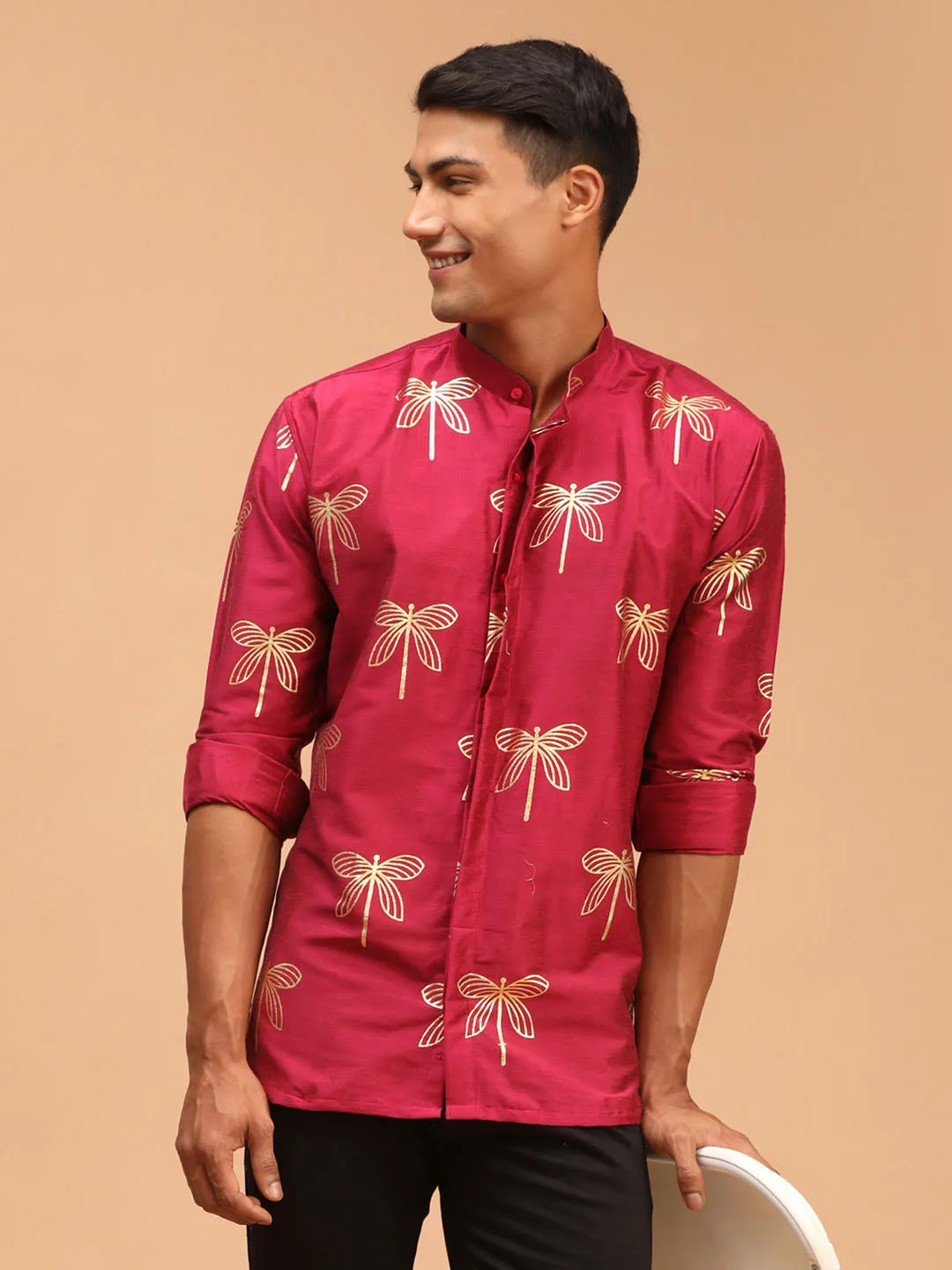 Jashvi Men's Fuchsia Foil Print Shirt