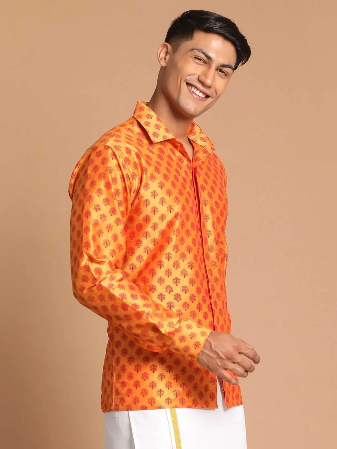 Jashvi Men's Orange Silk Blend Printed Shirt