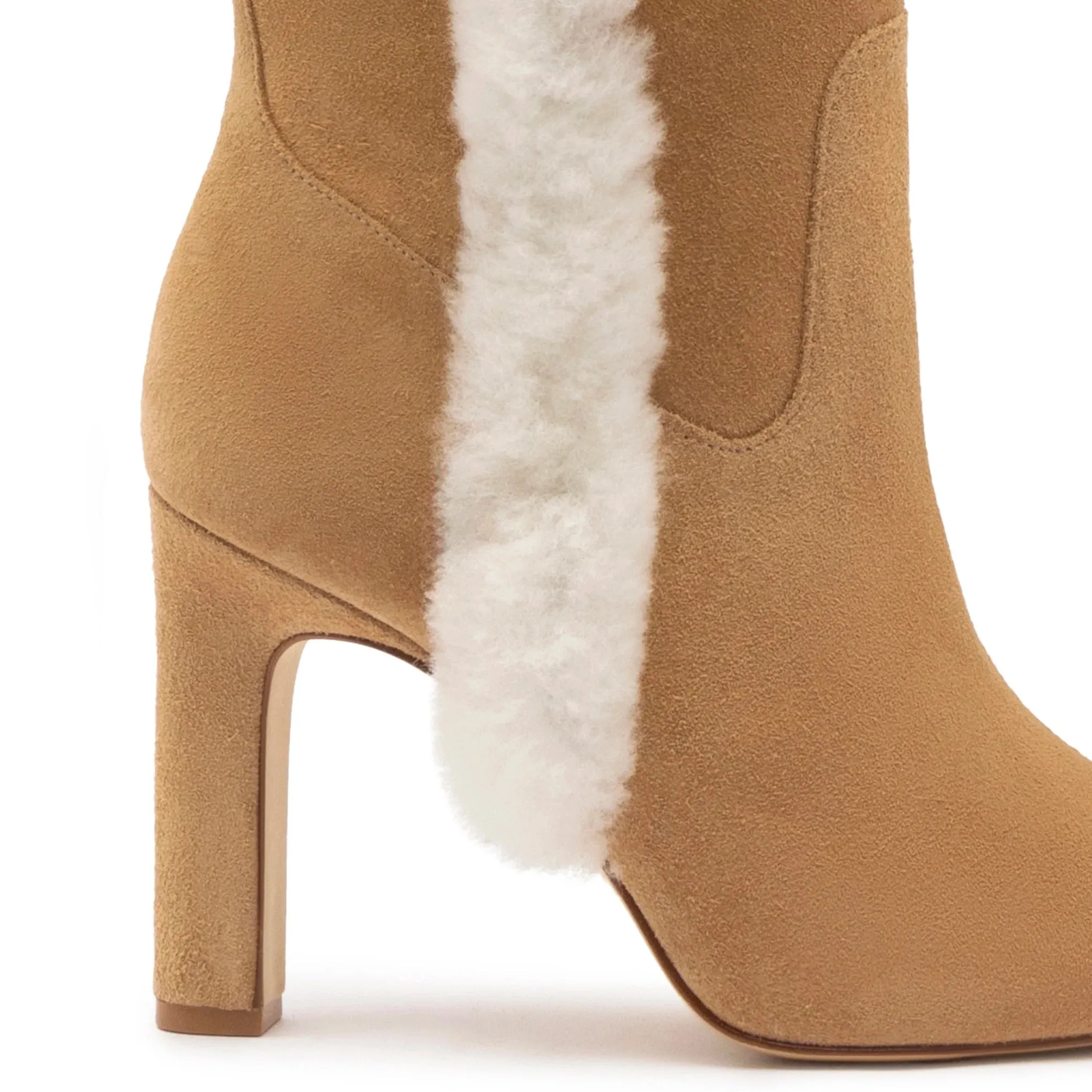 Larroude Cindy Hi Faux Fur Boot In Peanut Suede and Shearling