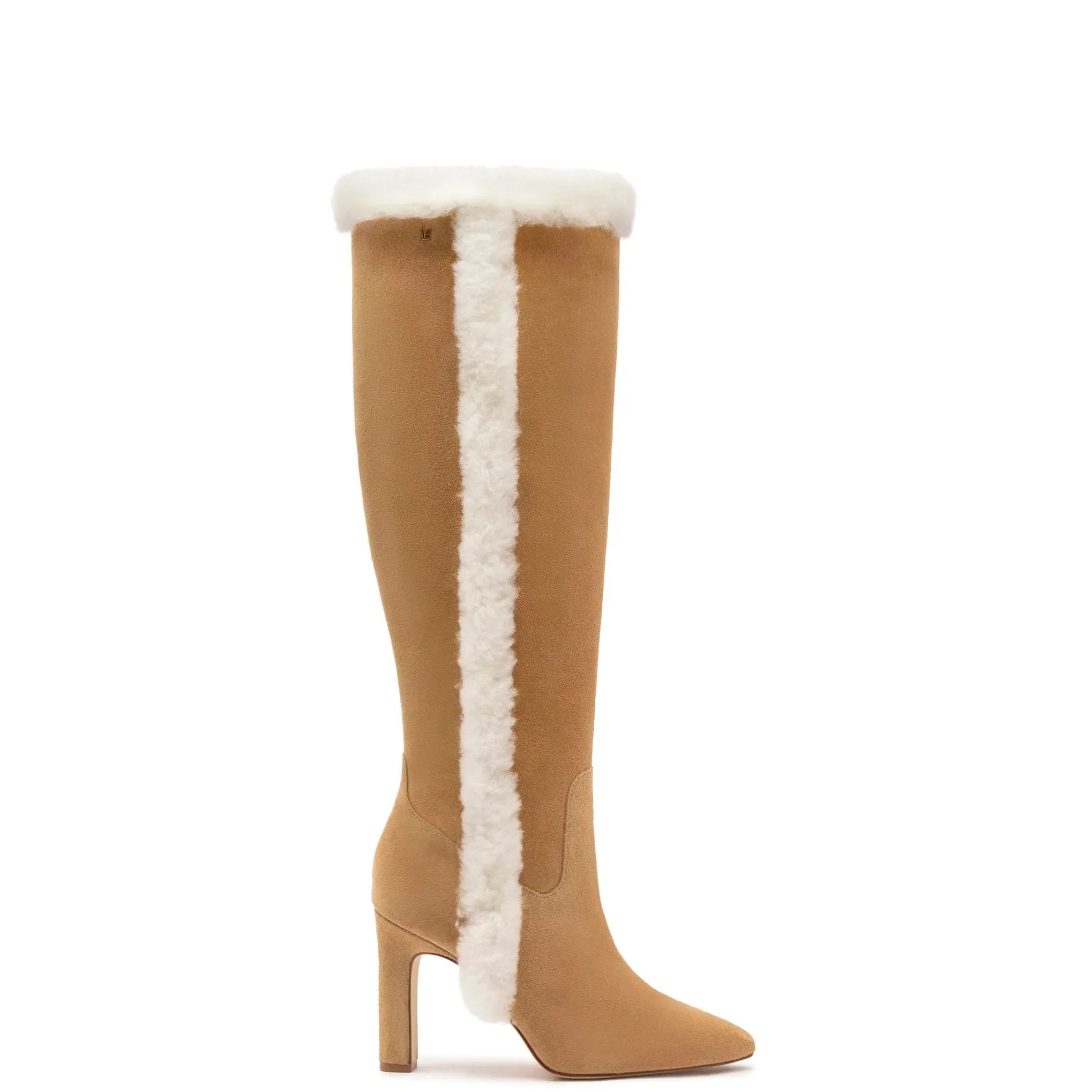 Larroude Cindy Hi Faux Fur Boot In Peanut Suede and Shearling