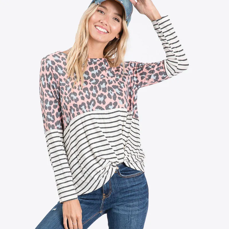 Leo Leopard Stripe Knot Top Blush