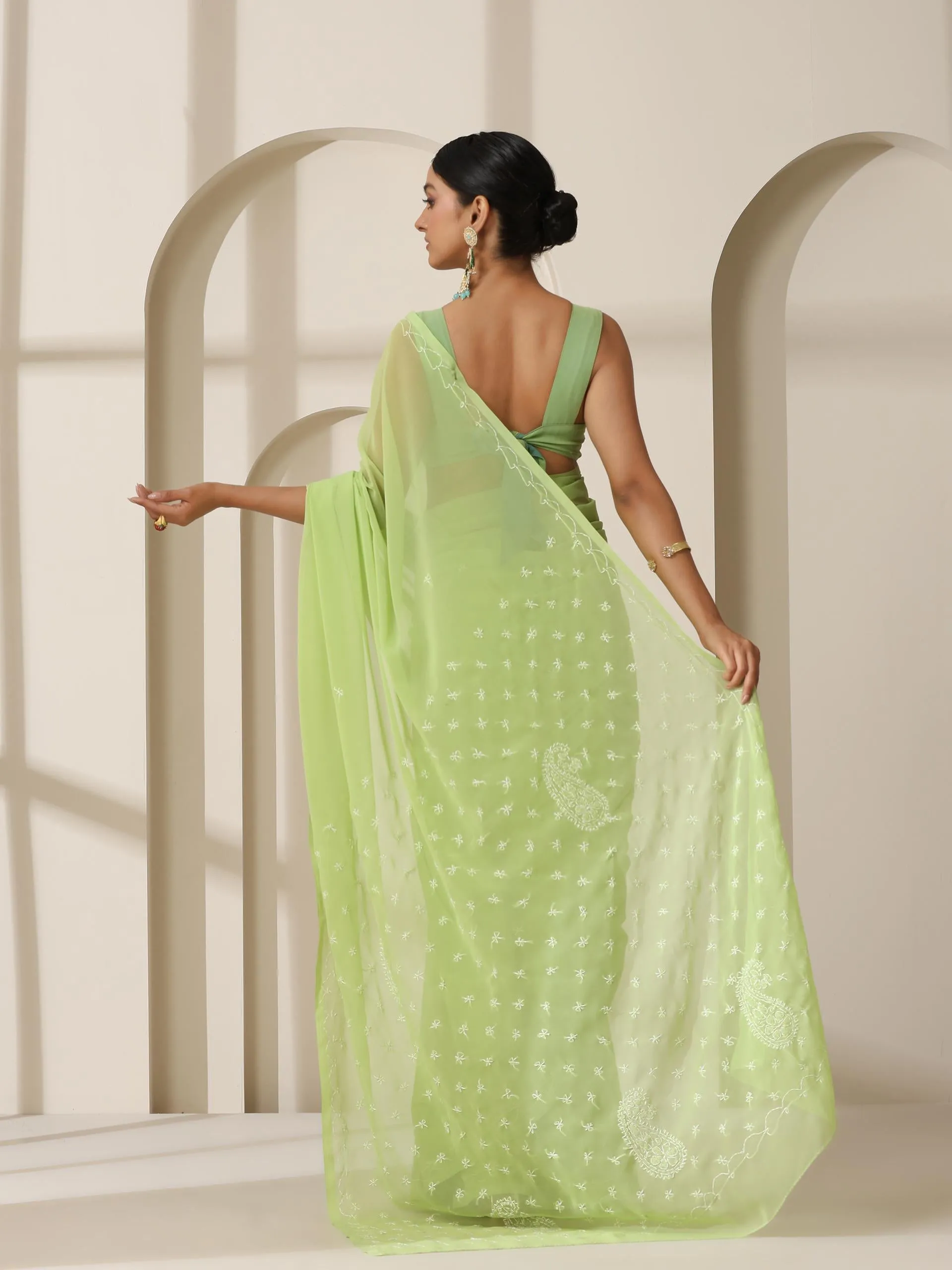 Light Green Rahet Hand Chikankari Saree with Blouse Fabric