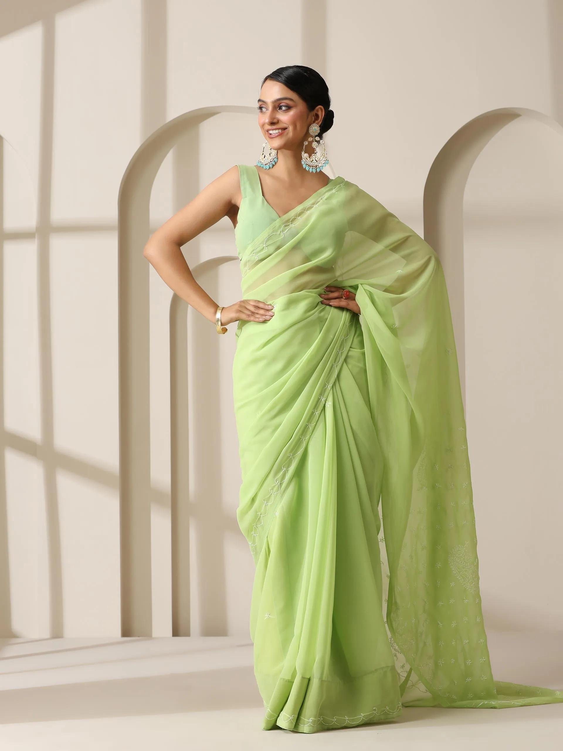 Light Green Rahet Hand Chikankari Saree with Blouse Fabric