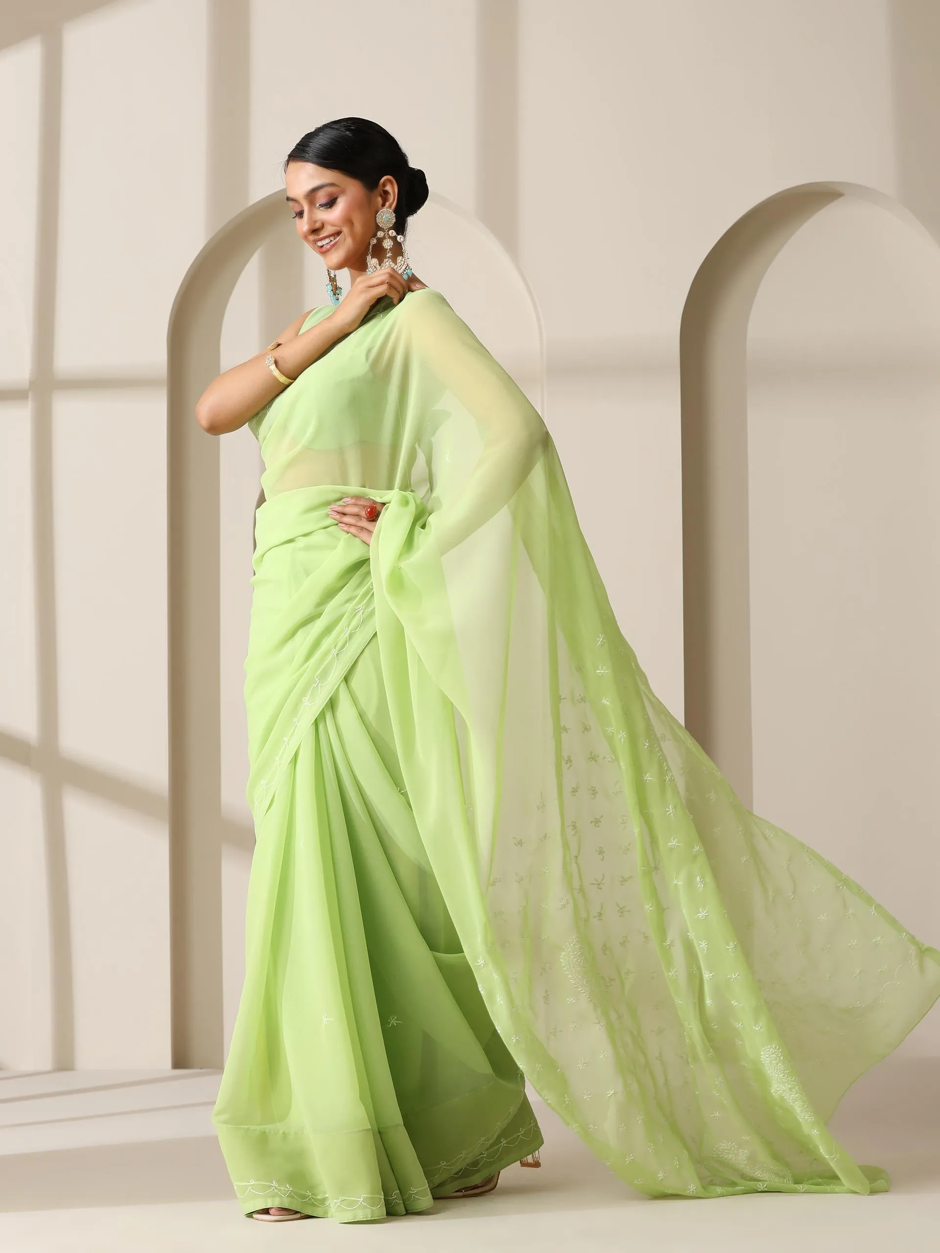 Light Green Rahet Hand Chikankari Saree with Blouse Fabric