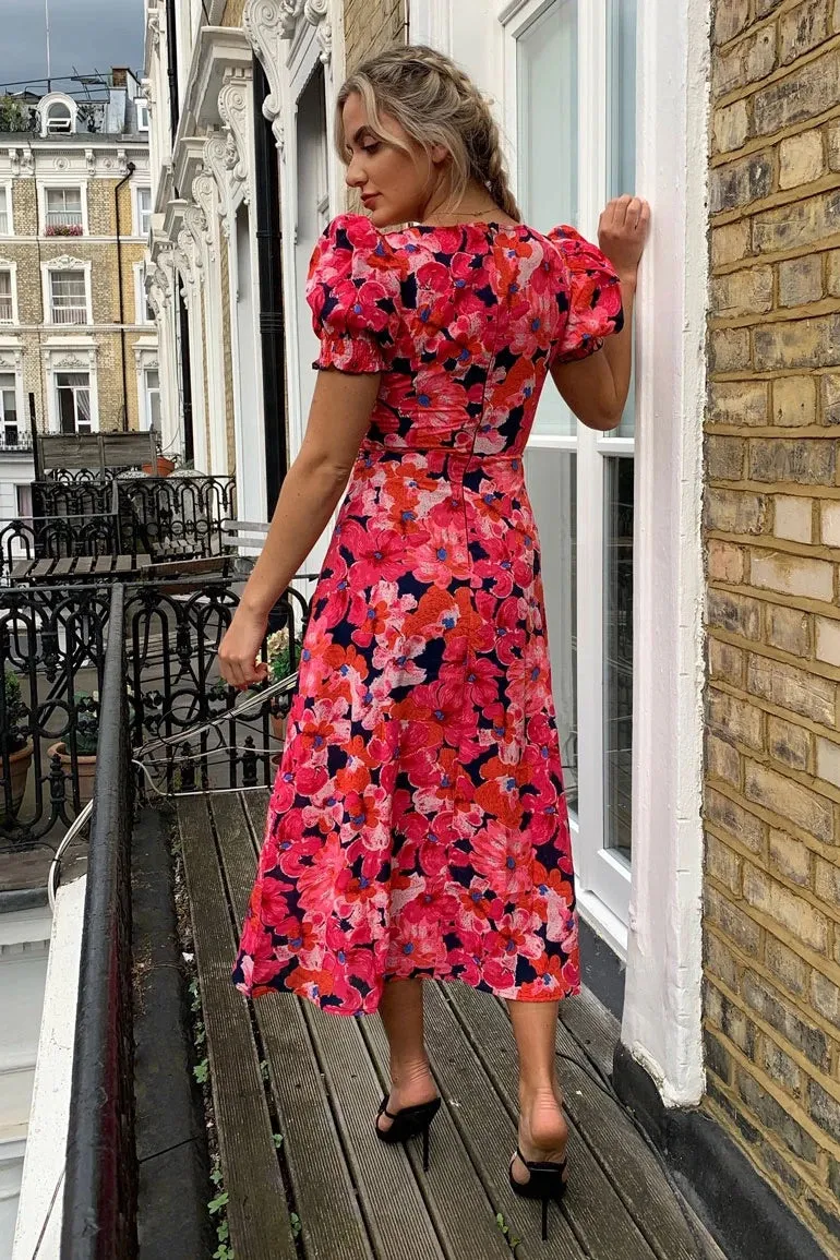 Lilian sweetheart neckline hot pink floral split midi dress