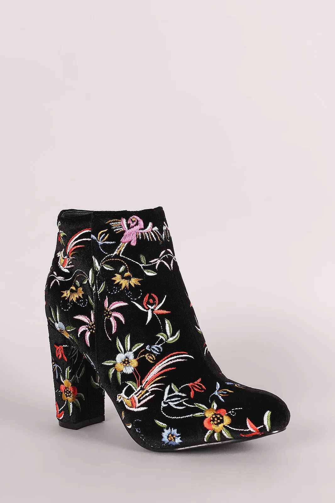 Liliana Embroidery Velvet Almond Toe Chunky Heeled Booties