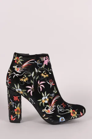 Liliana Embroidery Velvet Almond Toe Chunky Heeled Booties