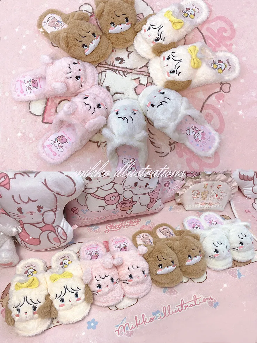 Mikko illustration Fluffy Big Head Fur Slippers Bear Latte Dog Souffie Kitten Mousse Rabbit Cammy