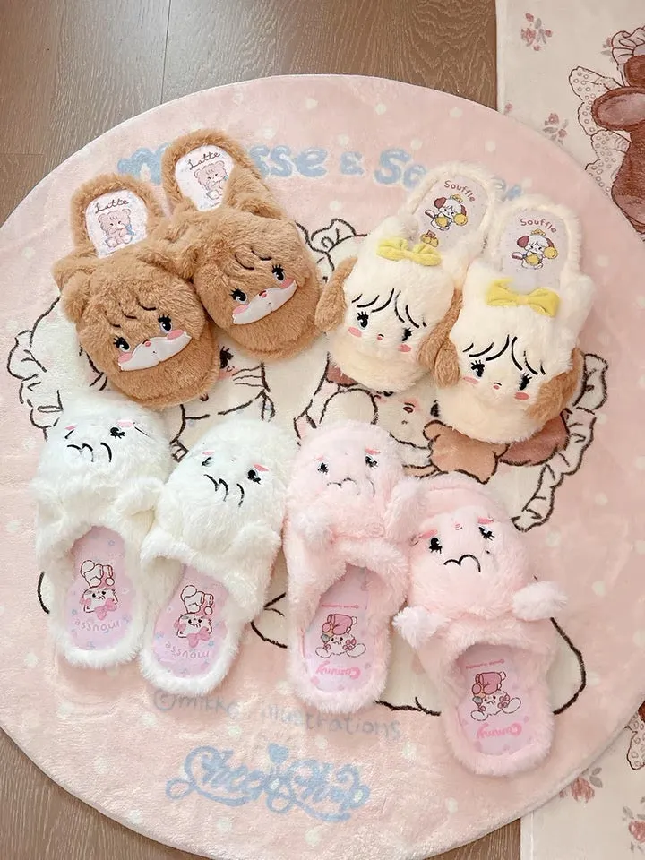 Mikko illustration Fluffy Big Head Fur Slippers Bear Latte Dog Souffie Kitten Mousse Rabbit Cammy