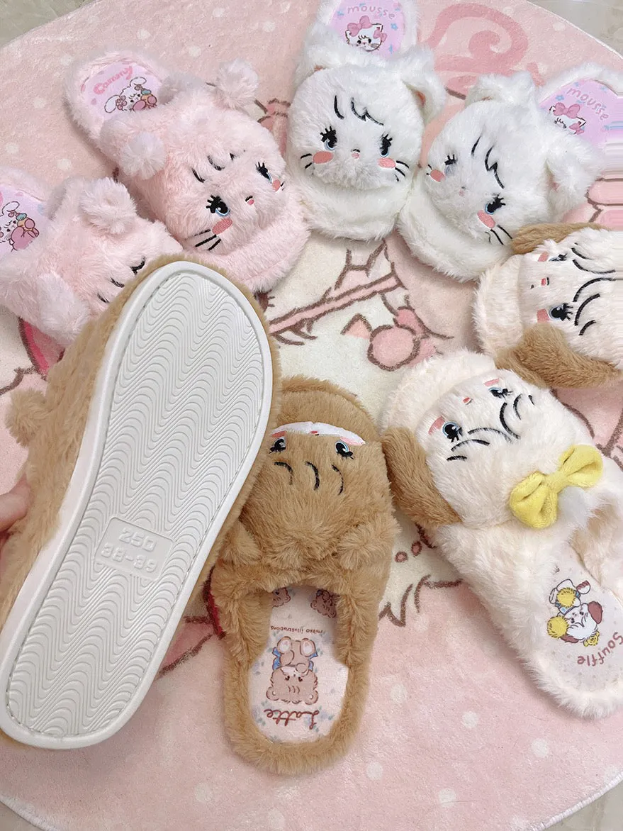 Mikko illustration Fluffy Big Head Fur Slippers Bear Latte Dog Souffie Kitten Mousse Rabbit Cammy