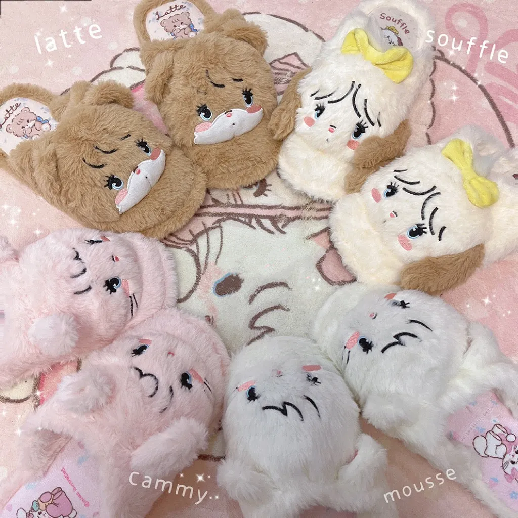 Mikko illustration Fluffy Big Head Fur Slippers Bear Latte Dog Souffie Kitten Mousse Rabbit Cammy