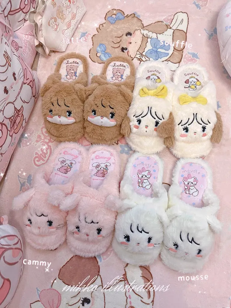 Mikko illustration Fluffy Big Head Fur Slippers Bear Latte Dog Souffie Kitten Mousse Rabbit Cammy