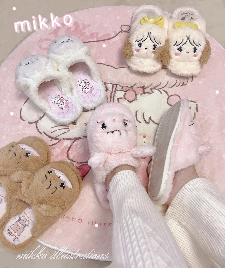 Mikko illustration Fluffy Big Head Fur Slippers Bear Latte Dog Souffie Kitten Mousse Rabbit Cammy