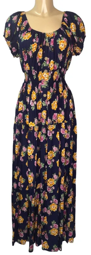 Navy Rose Print Bardot Maxi Dress