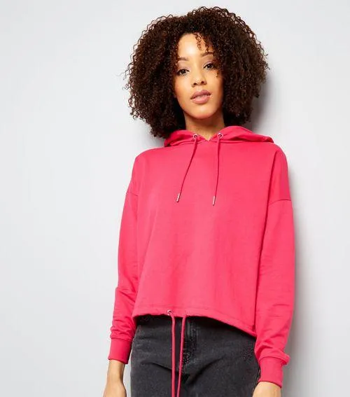 New Look Pink Drawstring Crop Womens Hooded Top