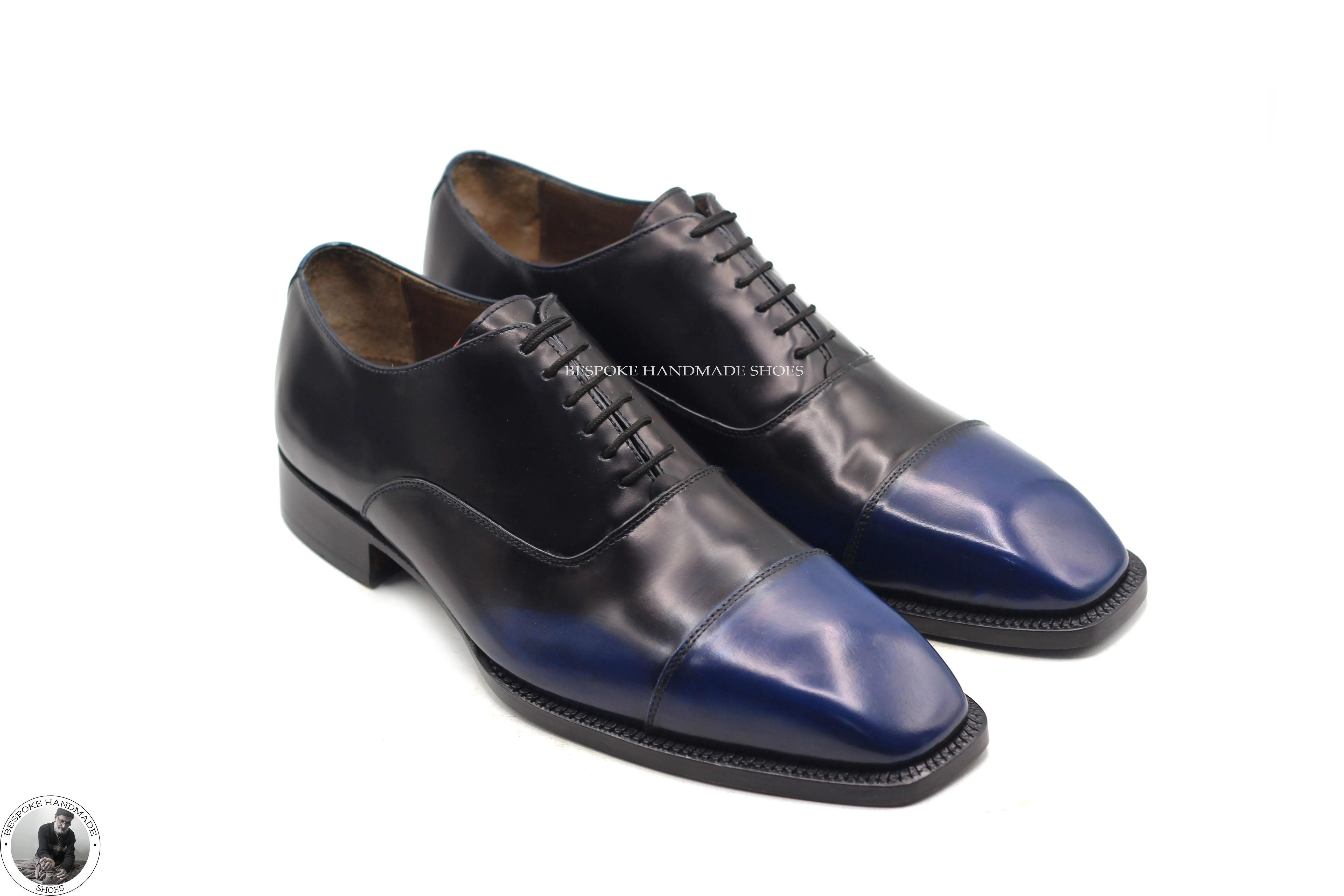 New Men's Handmade Genuine Two Tone Black/Blue Leather Lace Up Oxford Toe Cap Fashion Men's Shoes