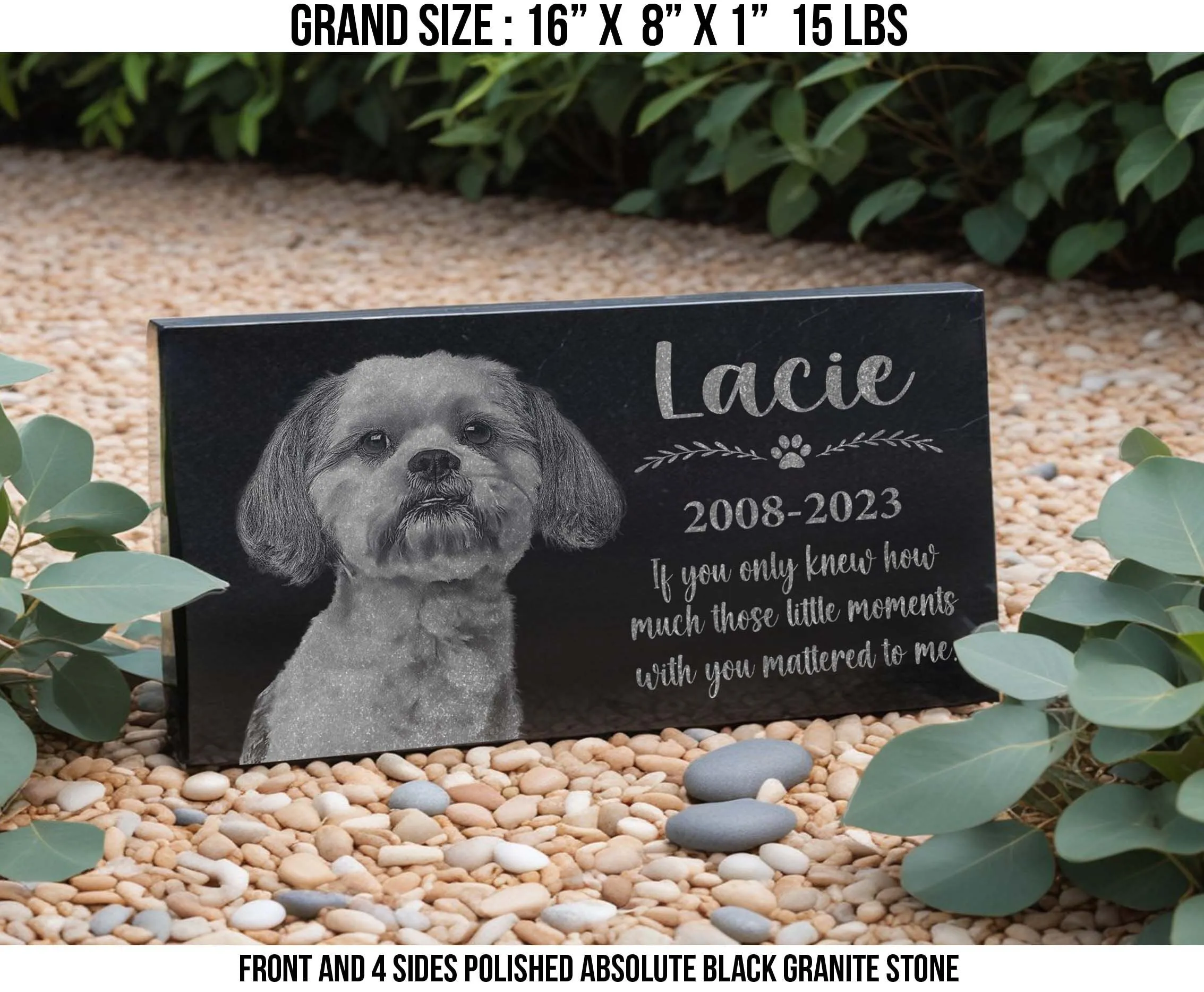 Personalized Pet Memorial Stone w/ Wreath: Custom Engraved Granite Dog Cat Sympathy Gifts, Pet Face, Portrait Plaque for Grave, Remembrance