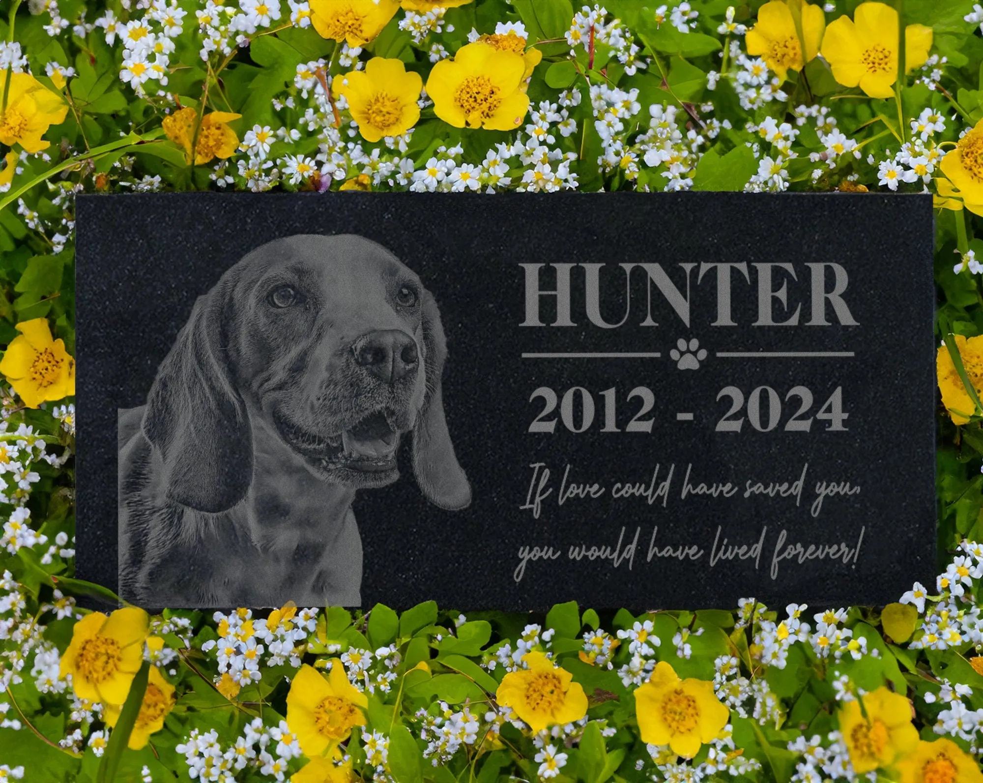 Personalized Pet Memorial Stone w/ Wreath: Custom Engraved Granite Dog Cat Sympathy Gifts, Pet Face, Portrait Plaque for Grave, Remembrance