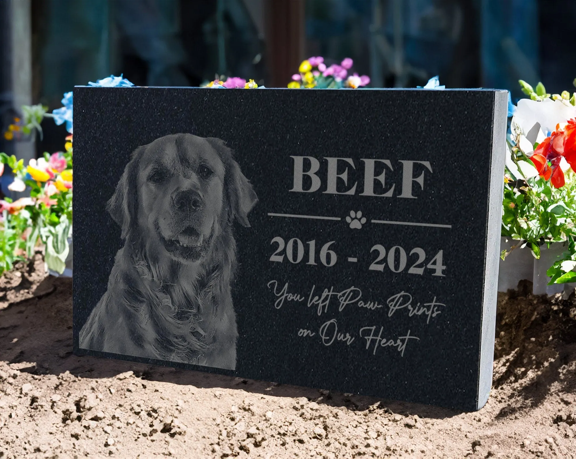 Personalized Pet Memorial Stone w/ Wreath: Custom Engraved Granite Dog Cat Sympathy Gifts, Pet Face, Portrait Plaque for Grave, Remembrance