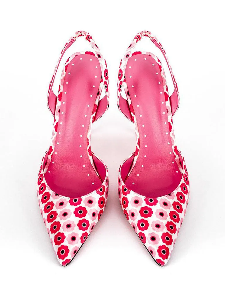 Pink 12cm Height Women's Floral Print Pointed Toe PU Leather Heels