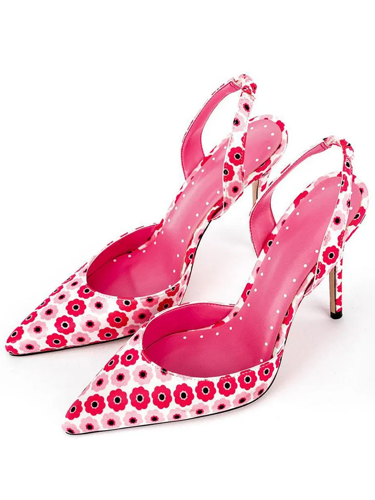 Pink 12cm Height Women's Floral Print Pointed Toe PU Leather Heels