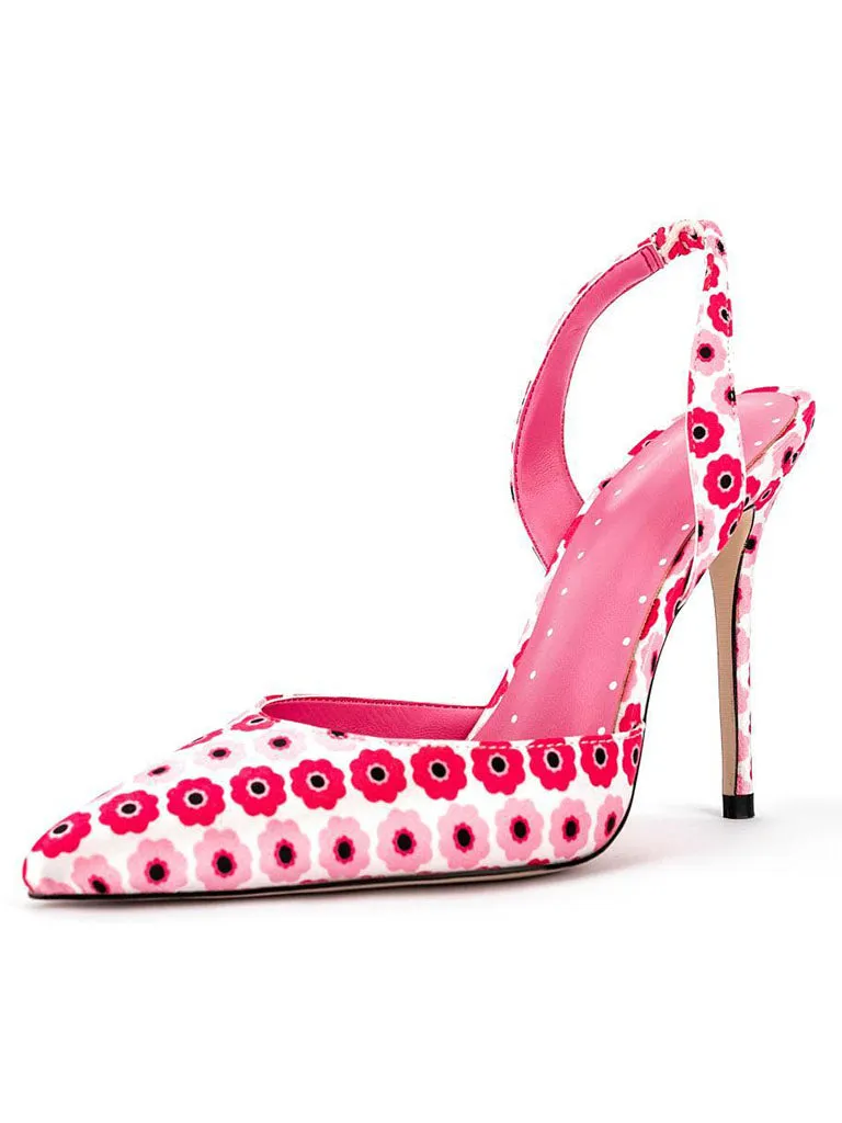 Pink 12cm Height Women's Floral Print Pointed Toe PU Leather Heels