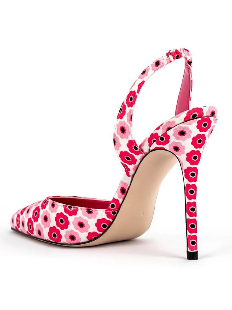 Pink 12cm Height Women's Floral Print Pointed Toe PU Leather Heels