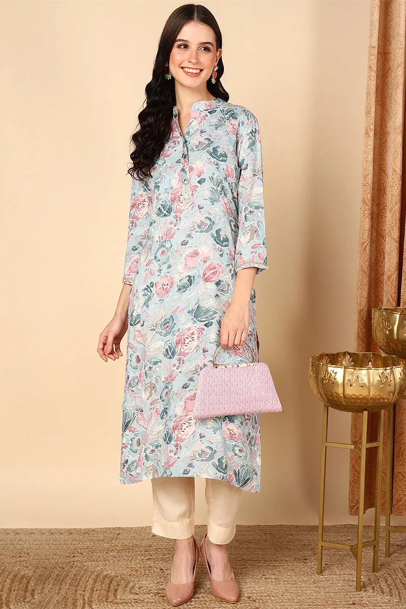 Plus Size Blue Viscose Rayon Floral Printed Kurta