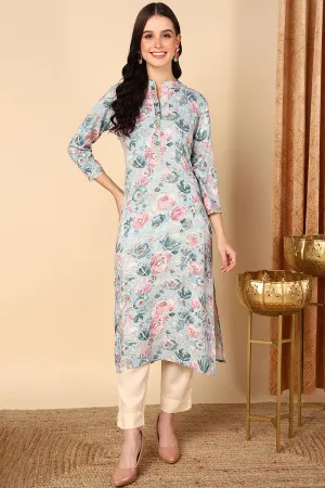 Plus Size Blue Viscose Rayon Floral Printed Kurta