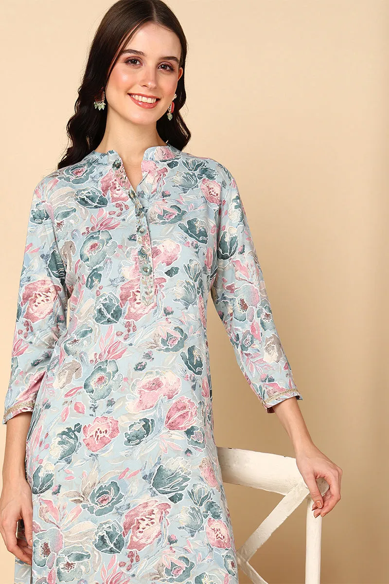 Plus Size Blue Viscose Rayon Floral Printed Kurta