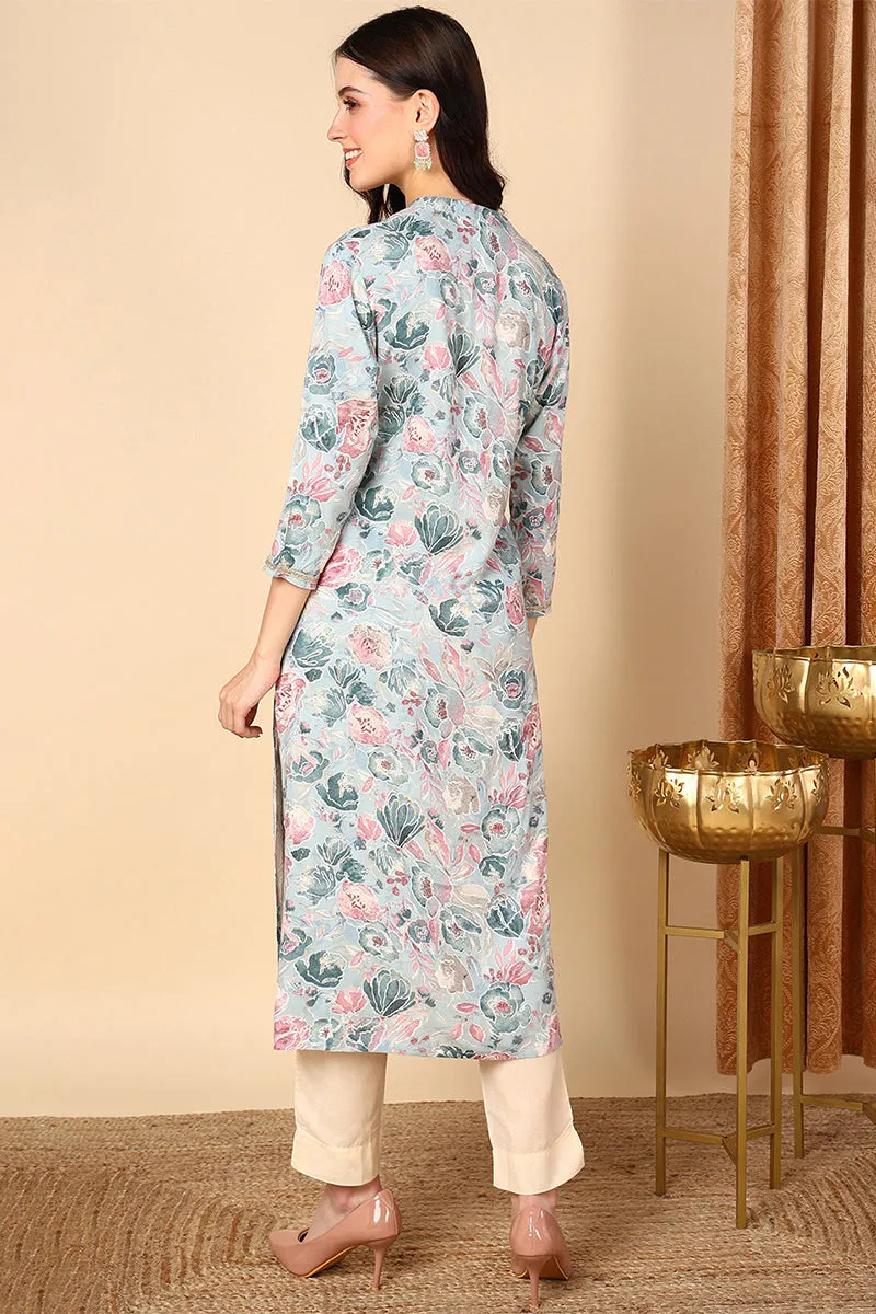 Plus Size Blue Viscose Rayon Floral Printed Kurta