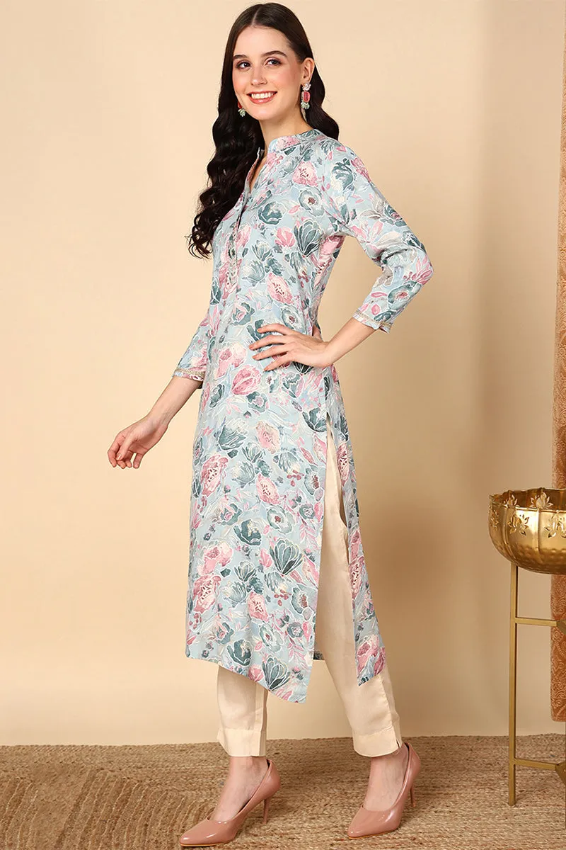 Plus Size Blue Viscose Rayon Floral Printed Kurta