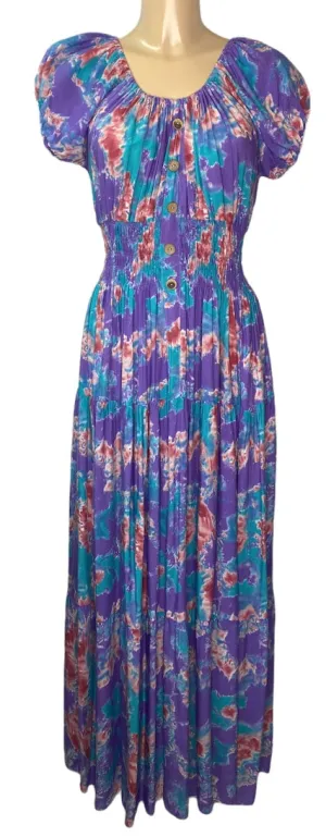 Purple Multi Tie- Dye Print Bardot Maxi Dress With Faux Buttons