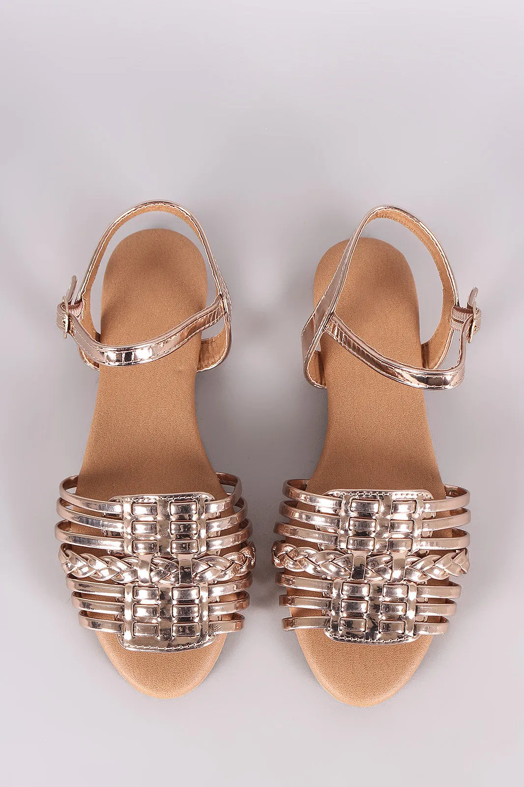 Qupid Mirror Metallic Woven Ankle Strap Flat Sandal