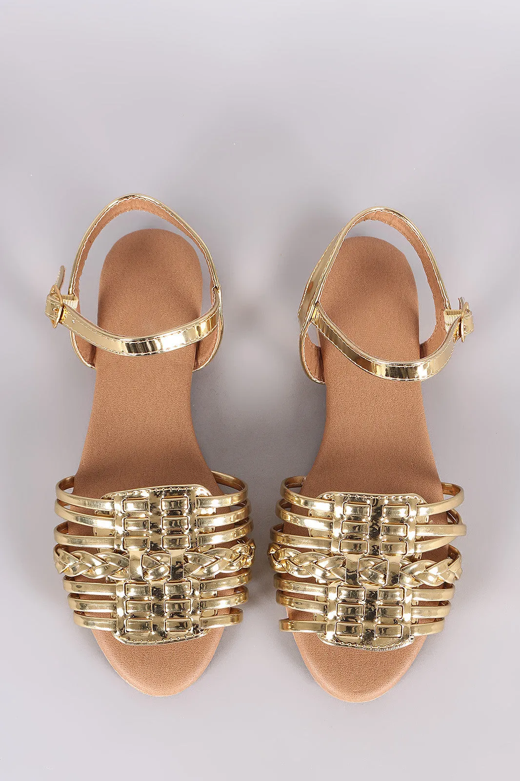 Qupid Mirror Metallic Woven Ankle Strap Flat Sandal