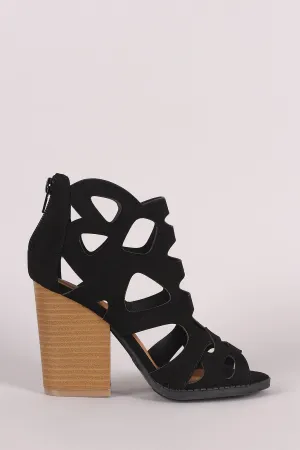 Qupid Peep Toe Cutout Stacked Chunky Heeled Booties