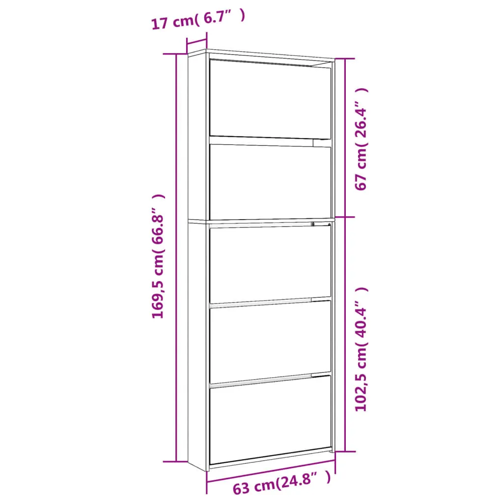 Shoe Cabinet with Mirror 5-Layer High Gloss White 63x17x169.5 cm