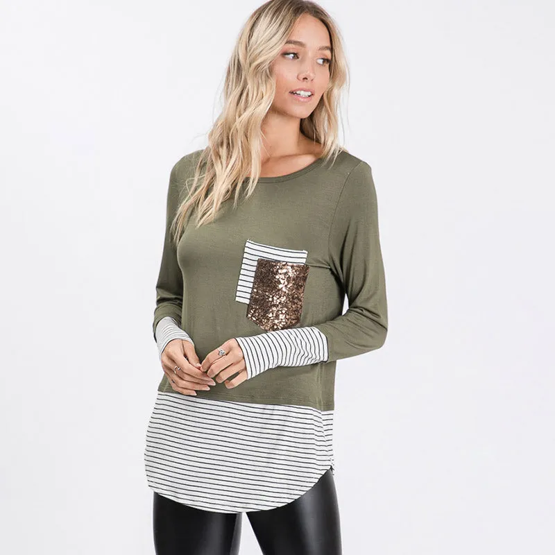 Sule Striped Hem Pocket Top Khaki