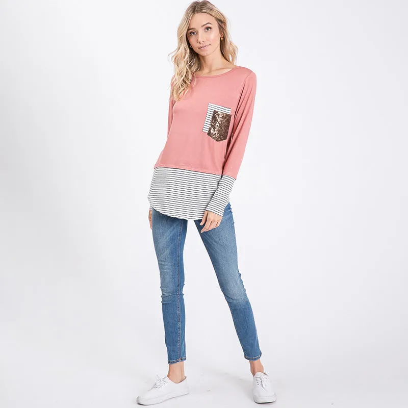 Sule Striped Hem Pocket Top