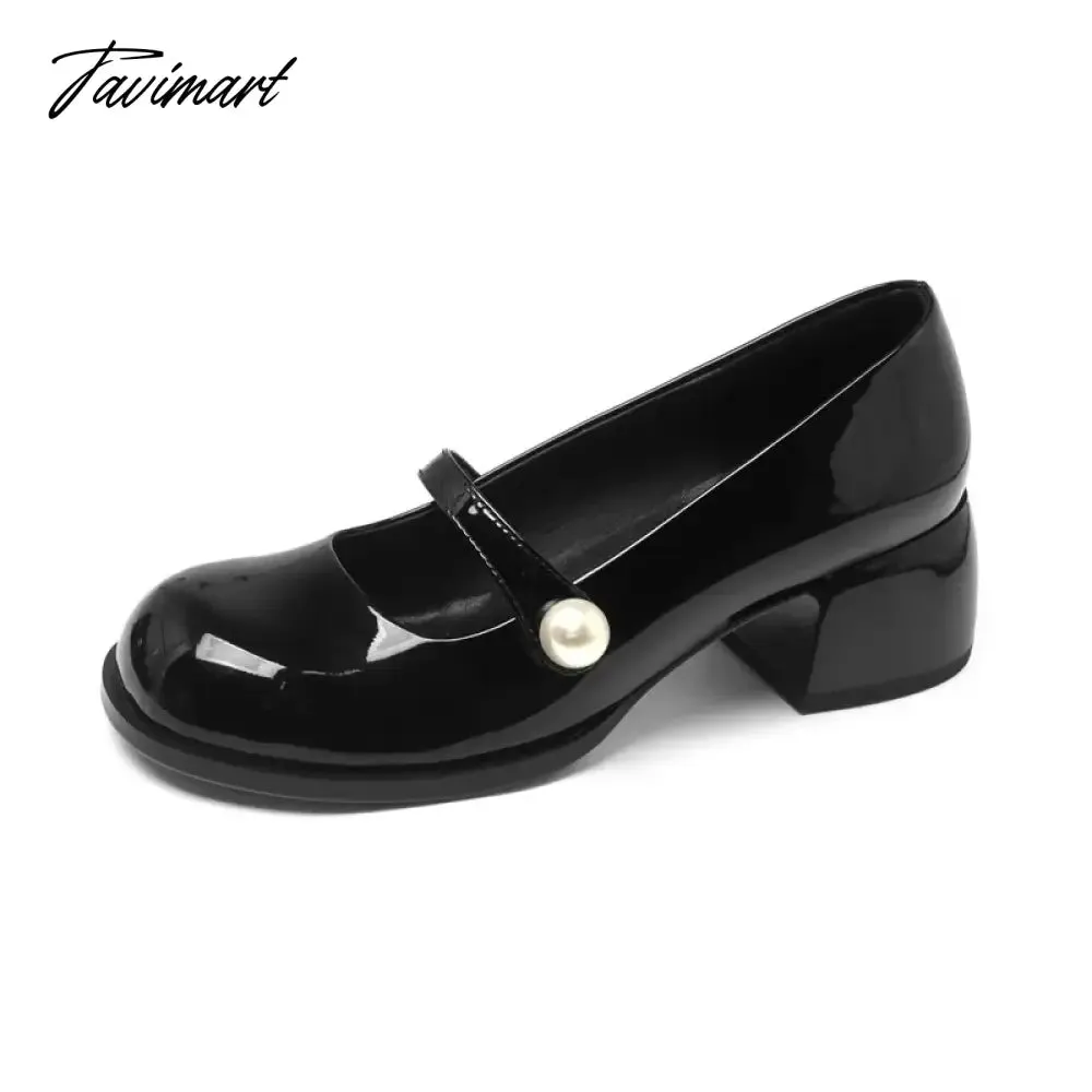 Tavimart Fashion Women's Shoes New High Quality Genuine Leather Round Head Middle Heel Shoes Simple Sweet Mary Janes Shoes