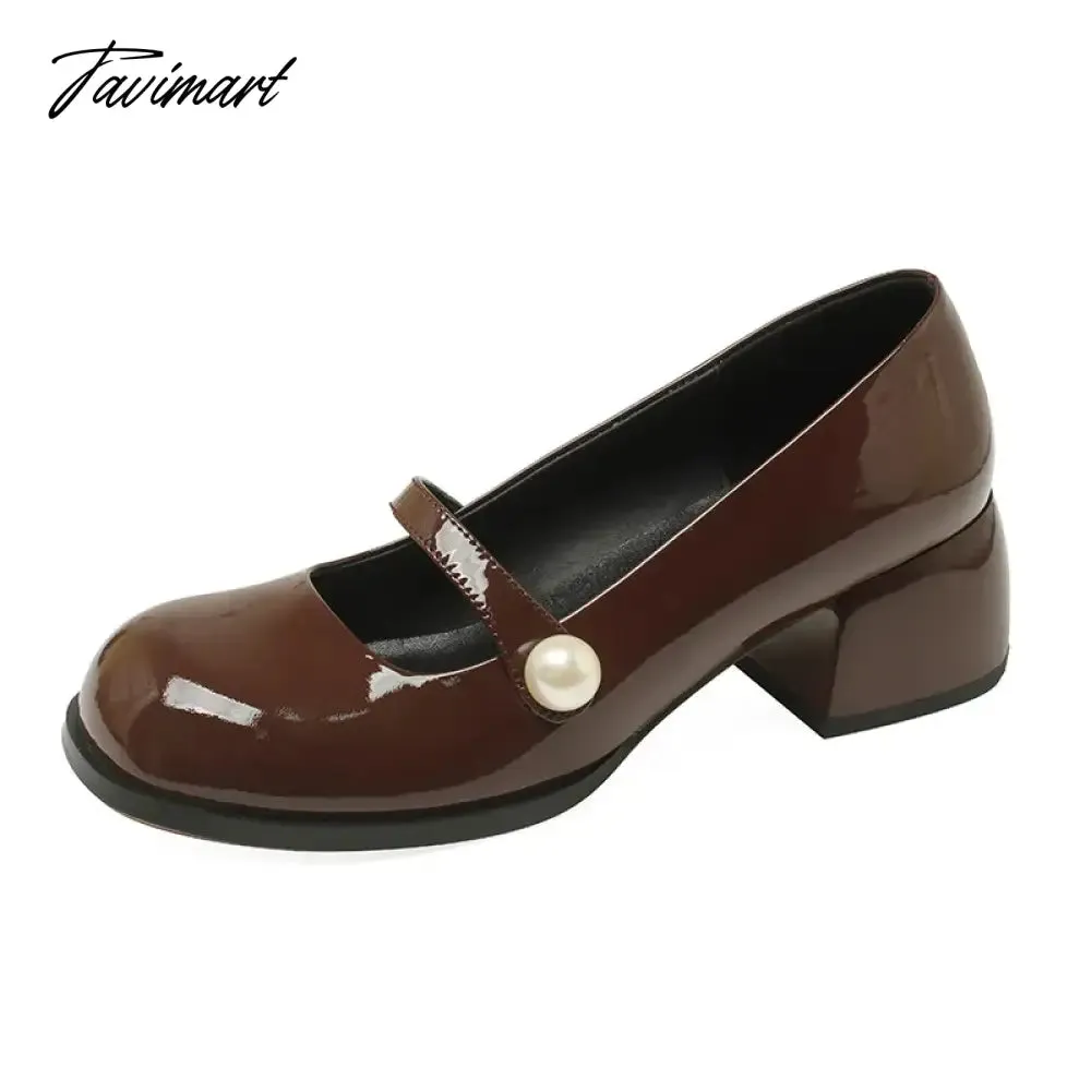 Tavimart Fashion Women's Shoes New High Quality Genuine Leather Round Head Middle Heel Shoes Simple Sweet Mary Janes Shoes