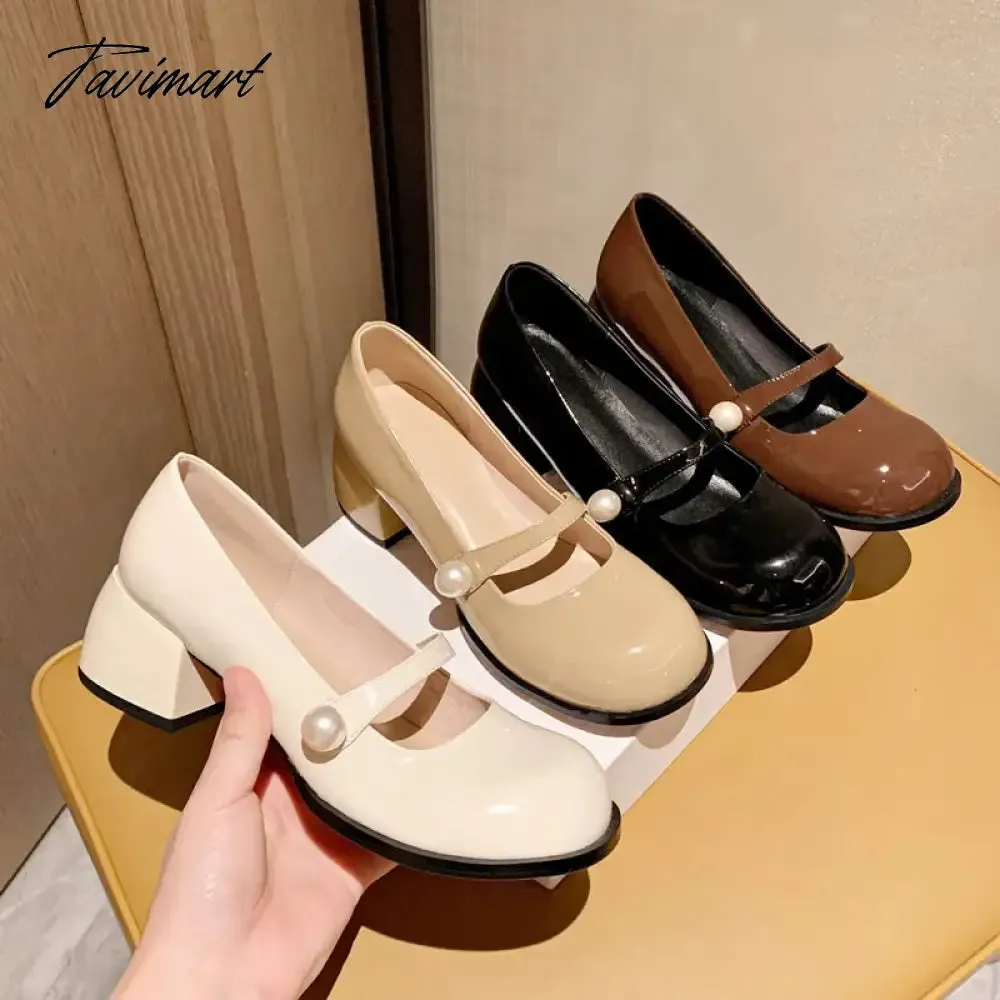 Tavimart Fashion Women's Shoes New High Quality Genuine Leather Round Head Middle Heel Shoes Simple Sweet Mary Janes Shoes