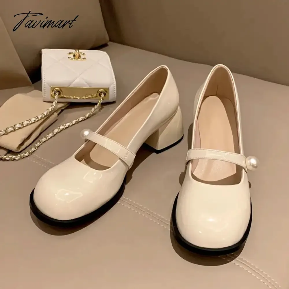 Tavimart Fashion Women's Shoes New High Quality Genuine Leather Round Head Middle Heel Shoes Simple Sweet Mary Janes Shoes