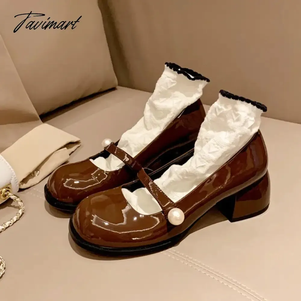 Tavimart Fashion Women's Shoes New High Quality Genuine Leather Round Head Middle Heel Shoes Simple Sweet Mary Janes Shoes