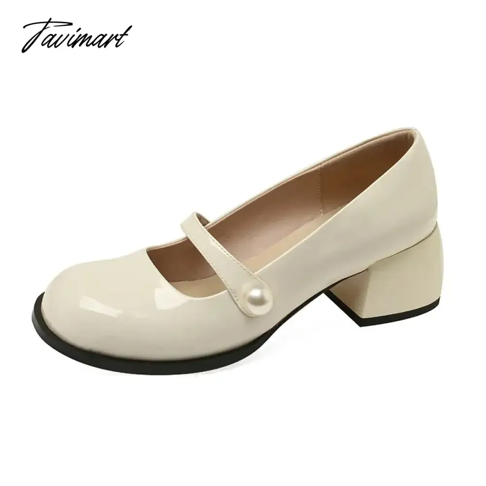 Tavimart Fashion Women's Shoes New High Quality Genuine Leather Round Head Middle Heel Shoes Simple Sweet Mary Janes Shoes